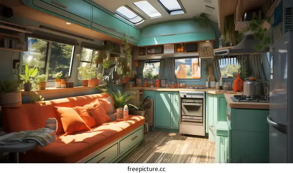 Cozy interior of a retro camper van