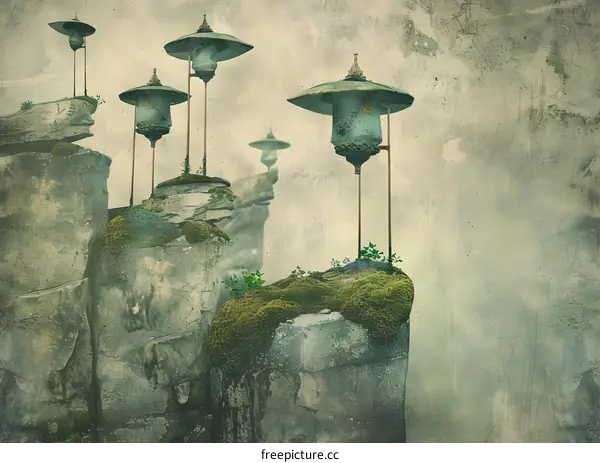 Fantasy Landscape with Green Lanterns on Mountain Tops