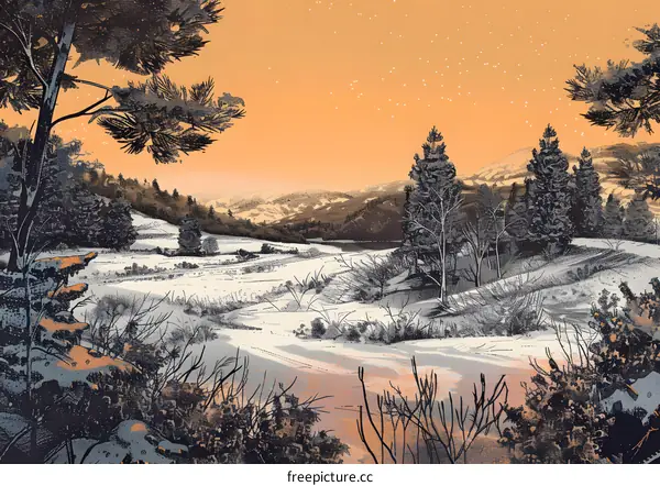 Winter Landscape Illustration with Orange Sky