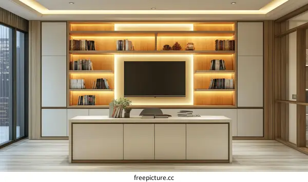 Modern Home Office with Built-in Bookshelf and TV Unit