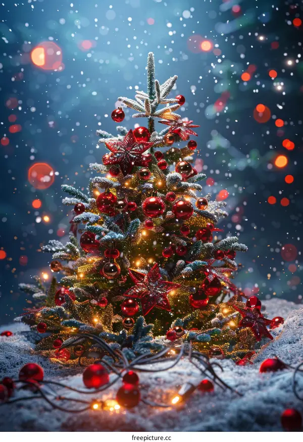 Christmas Tree Decorated with Snow and Lights