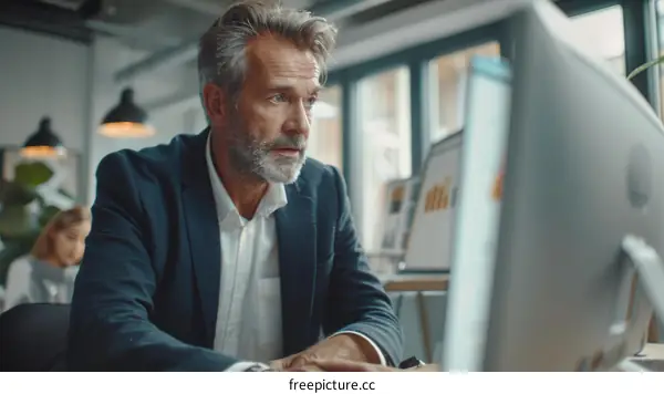 Focused mature businessman working on desktop computer in the office