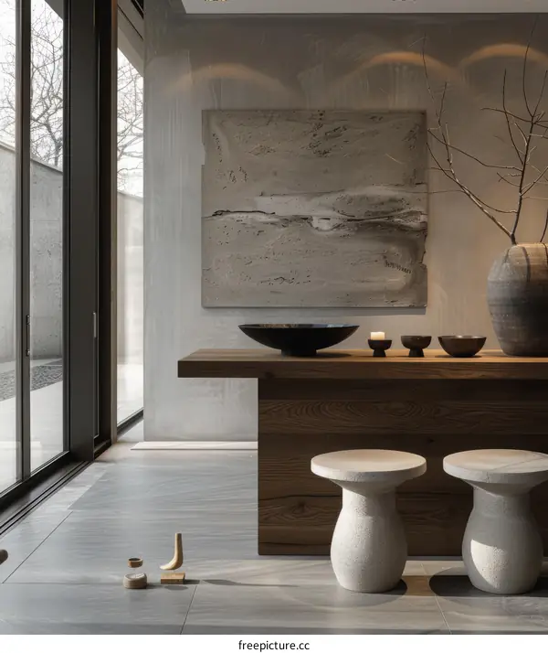 Modern Artistic Living Room Interior With Large Colorful Painting On Wall