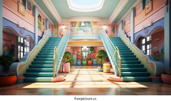 A colorful and inviting school hallway with stairs leading up to a second floor