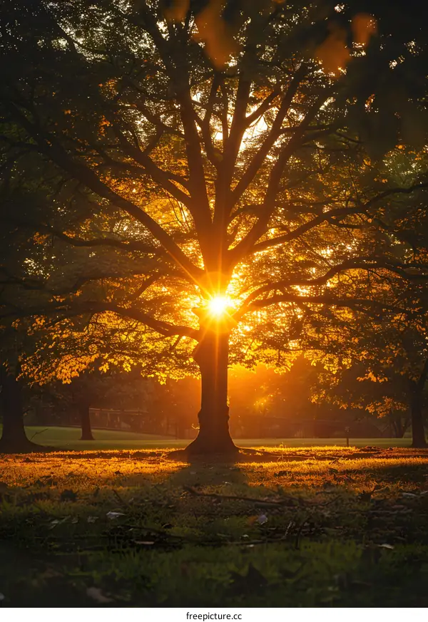 rays of sun shining through the tall tree