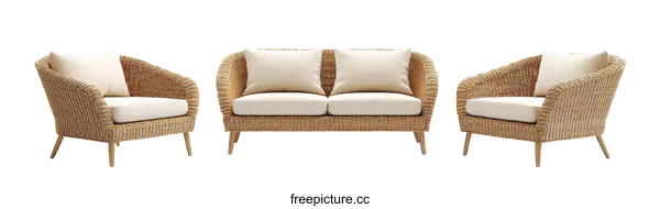 [Transparent Background PNG]Modern Woven Rattan Sofa Set with Armchairs