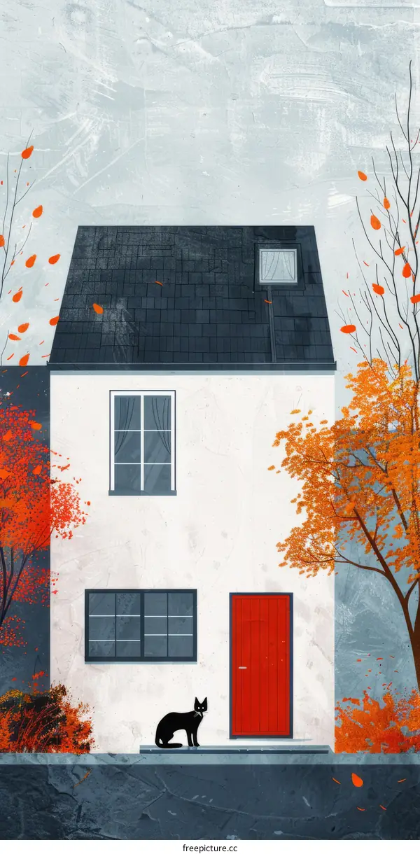 A Small House with a Red Door and a Black Cat in Autumn