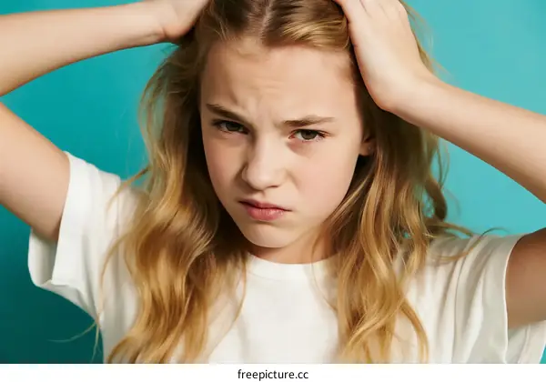 Unhappy Young Girl with Long Blond Hair Holding Head in Stress