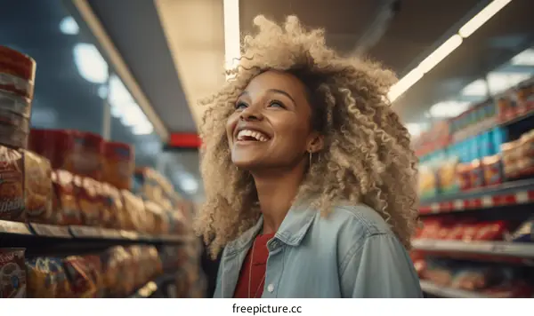 Happy African-American woman shopping in grocery store