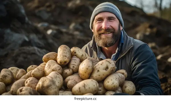 A smiling farmer standing next to a large pile of potatoes.