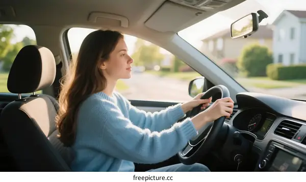 Young woman driving a car on a sunny day