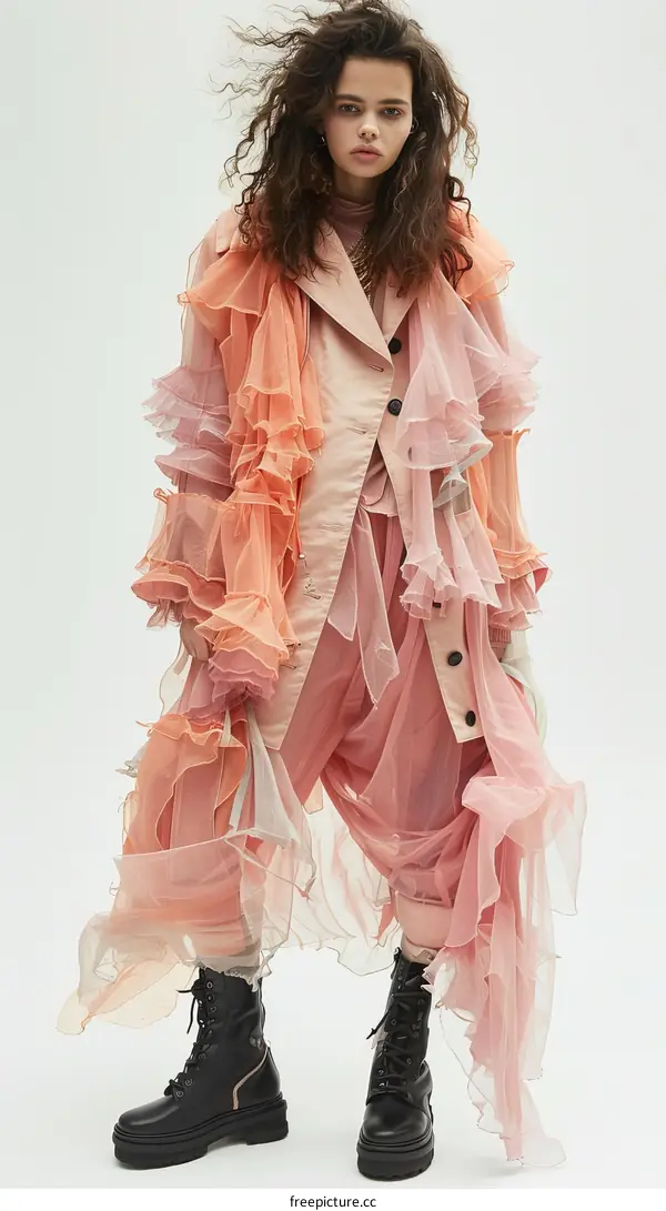 A model wearing a peach-colored ruffled coat and black boots.