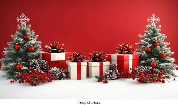 Christmas Gift Boxes and Snow-Dusted Trees Background