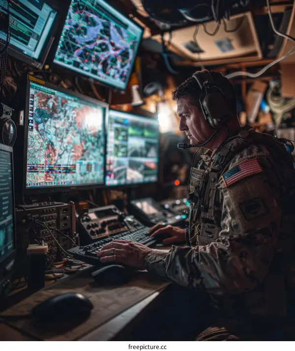 A soldier wearing headphones works at a computer station.