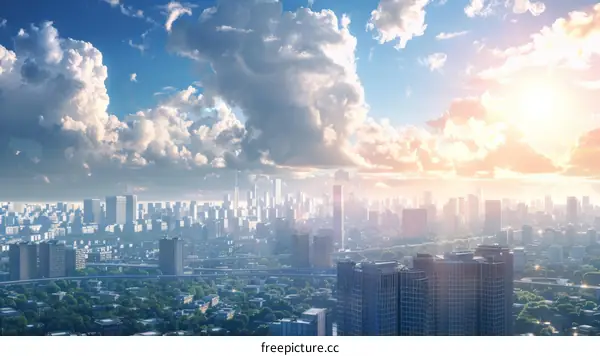 A Stunning Aerial View of a Modern Cityscape with Dramatic Skies