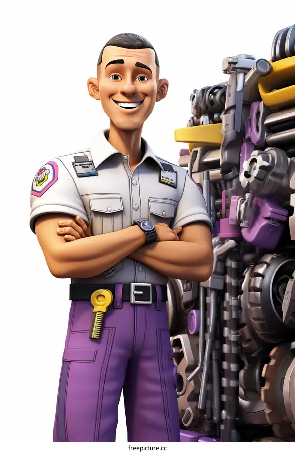 Happy maintenance man standing with arms crossed in front of a machine