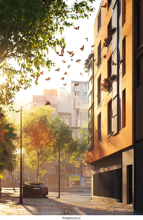 Sunrise Cityscape with Birds Flying Over Building