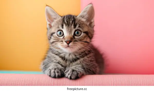 A cute tabby kitten sits on a pink blanket