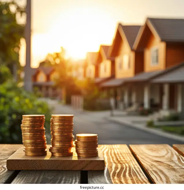 Three stacks of gold coins in front of blurred background of a residential street with houses