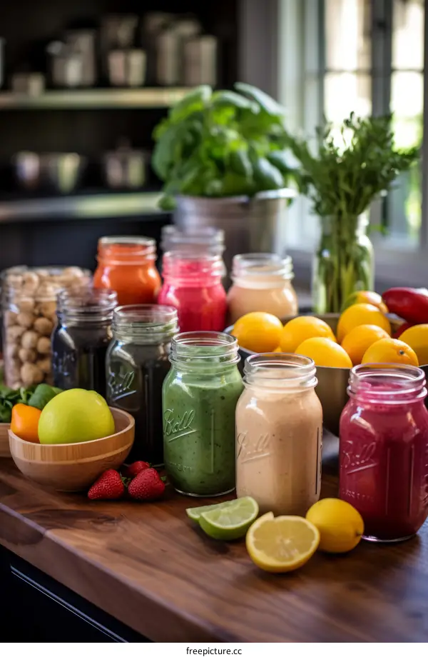Colorful Mason Jars with Healthy Juices and Smoothies on Kitchen Counter