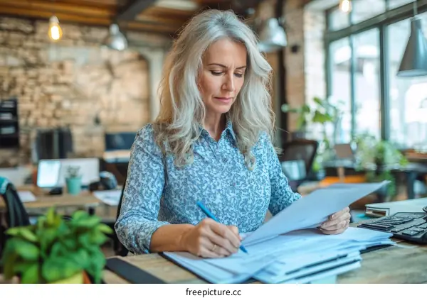 Businesswoman Working on Documents in Office