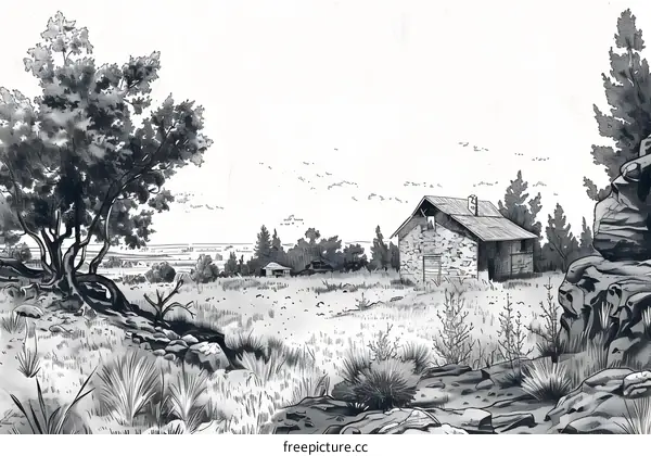 Pencil Drawing of a Stone Cabin in the Countryside
