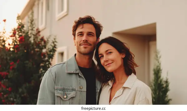 Couple Posing in Front of a Modern House