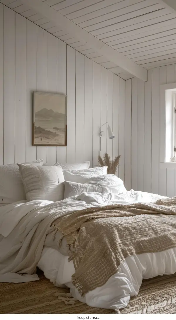 Cozy Neutral Bedroom with White Washed Wood Walls and Bedding