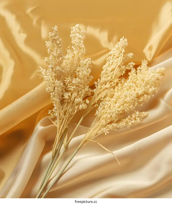 Beige Dried Flowers on a Gold Satin Fabric