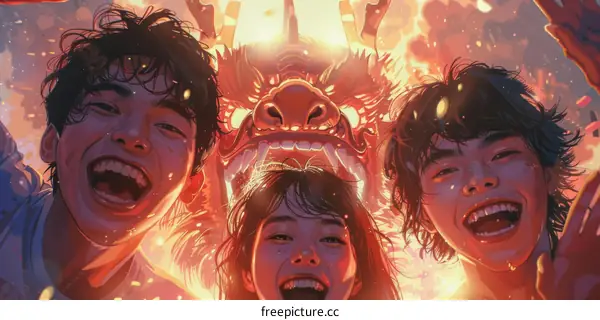 Three happy friends celebrating Chinese New Year