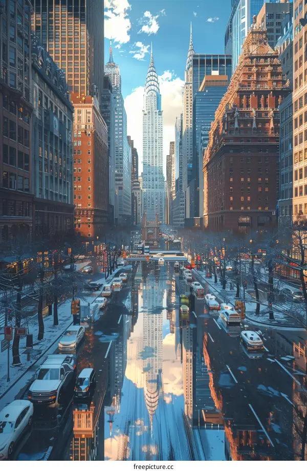 New York City Skyscrapers in Winter Reflection