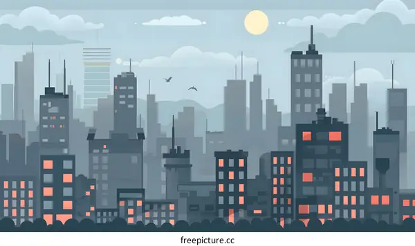 Cityscape Silhouette with Clouds and Sun