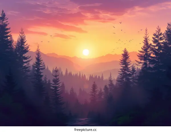 Majestic Sunset over Forest Landscape