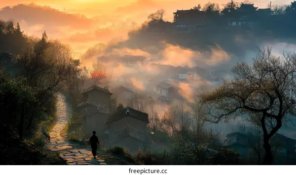 Misty Sunrise Over a Mountain Village