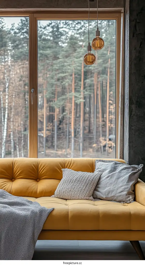 Modern Mustard Sofa with Forest View