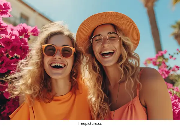 Two happy women friends laughing together outdoors