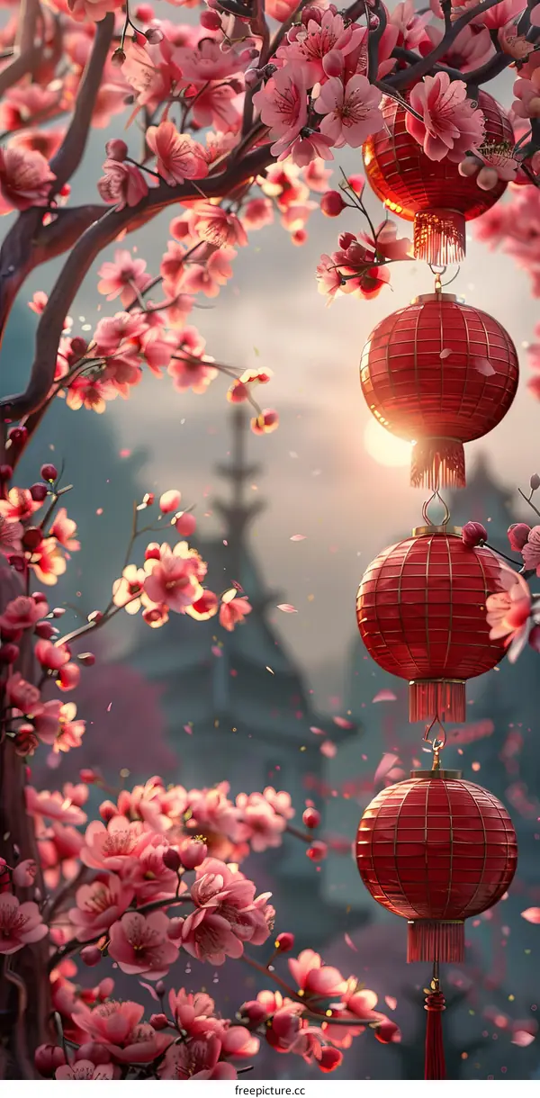 Red Lanterns Adorn Cherry Blossom Tree