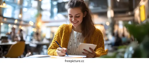Young Woman Smiling and Drawing in Cafe