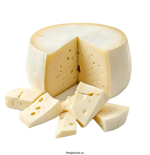 [Transparent Background PNG]A wheel of cheese with a wedge cut out and several pieces scattered in front