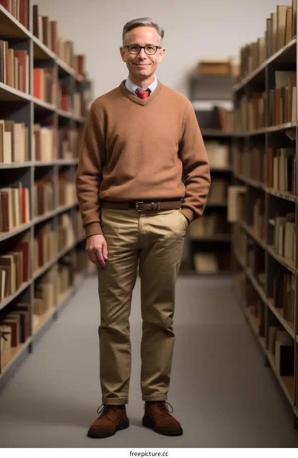 A man standing in a library aisle
