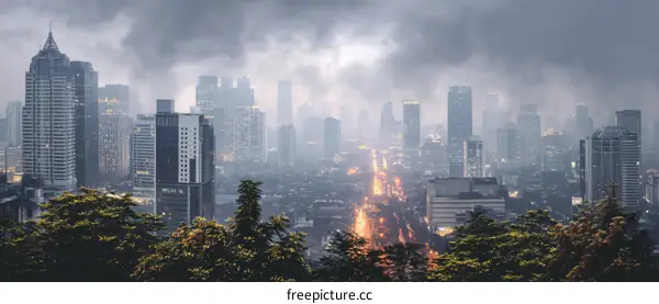 Cityscape Skyline View of Urban Metropolis with Cloudy Sky