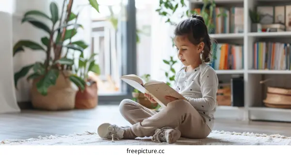 Little girl reading a book in the living room