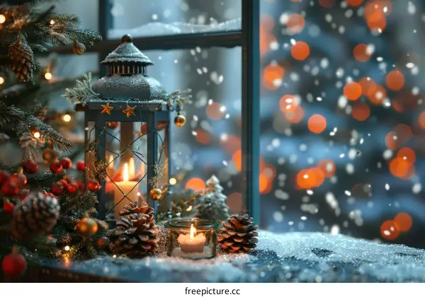 Christmas lantern on snowy windowsill
