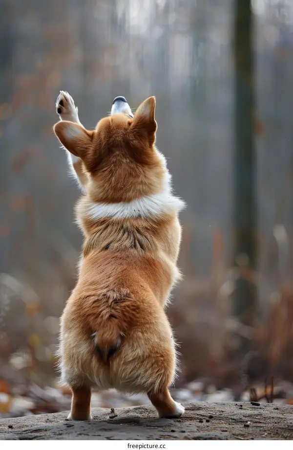 A happy corgi standing on a log in the woods