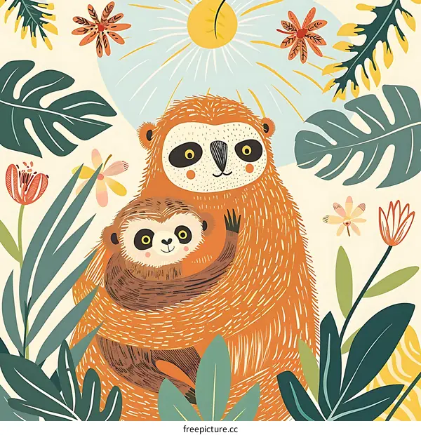 Cute Sloth Family Illustration with Jungle Leaves and Flowers