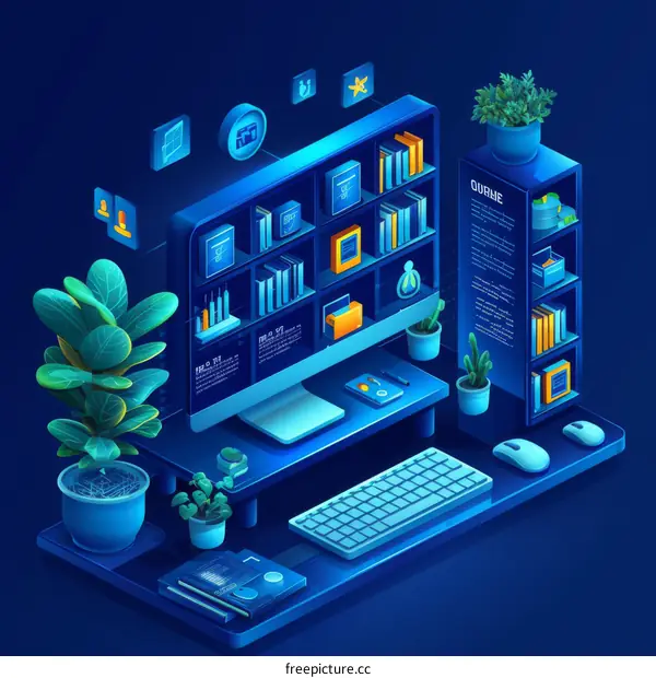 Blue and green isometric illustration of a computer and desk