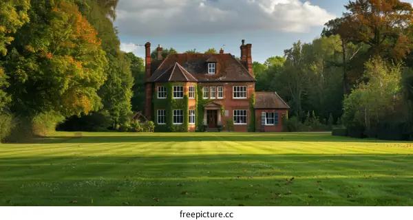 A large red brick country house with a big garden