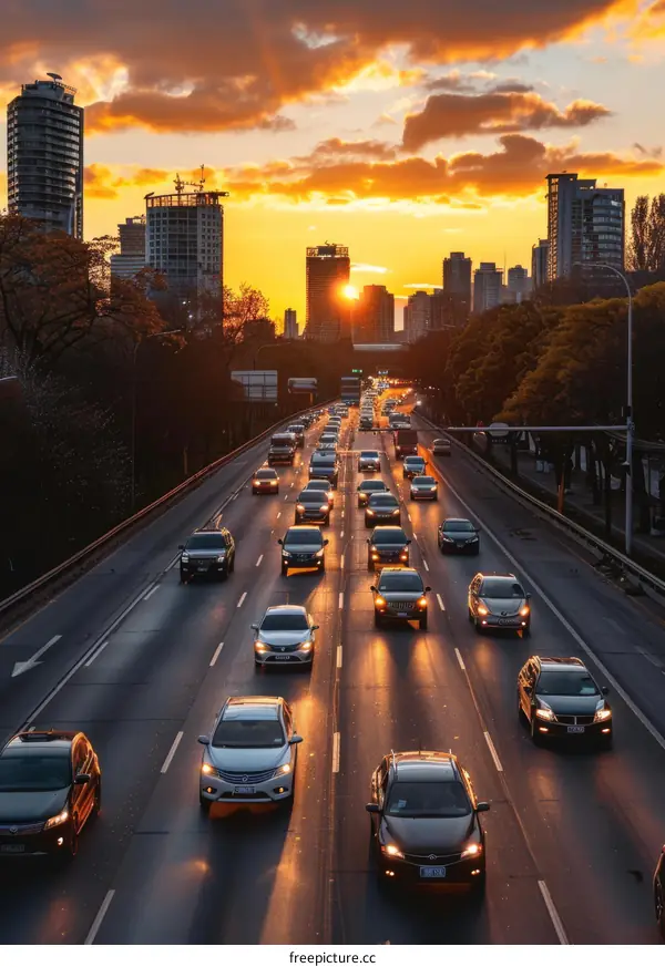 Sunset over the city highway