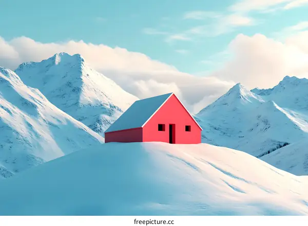 Red Cabin in a Snowy Mountain Landscape