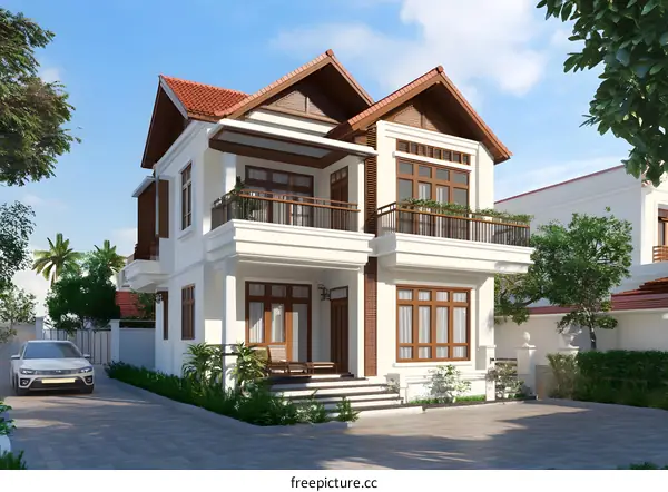 Modern Two Storey House with Balcony and Garden